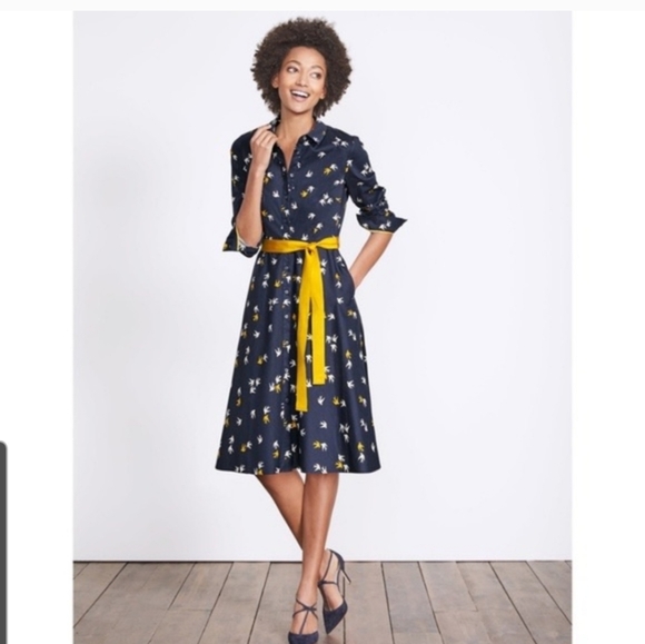 Boden Dresses & Skirts - Boden Posey Navy Shirt Dress Size 14R Yellow Sparrow Bird print Button Tie Front